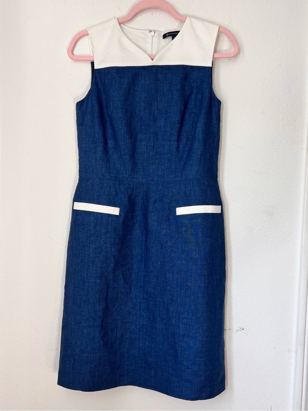 Brooks Brothers Blue 100% Linen Sleeveless Pencil Dress Women’s Size 6 Classic